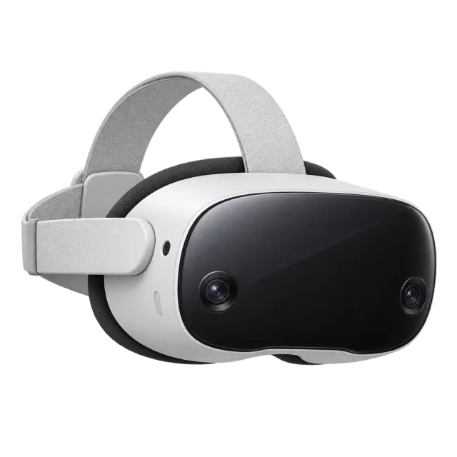 A white and black headset has a broad head strap