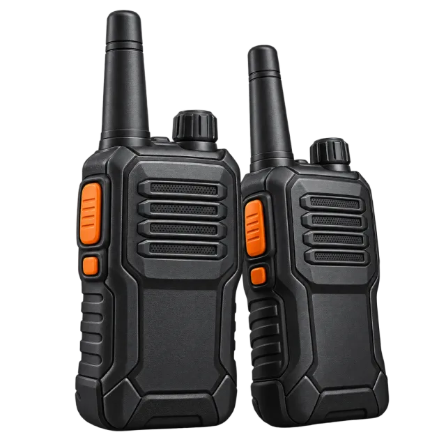 Two black handheld radios have orange buttons