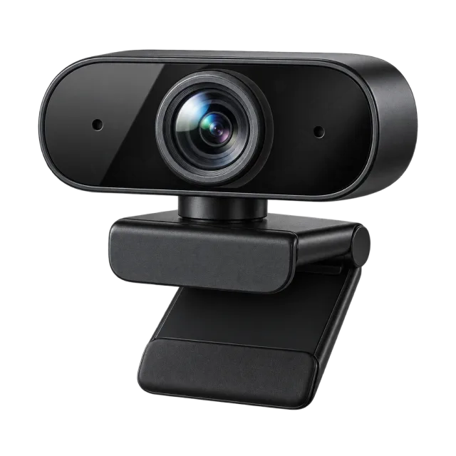 A black webcam sits on a clip-style mount