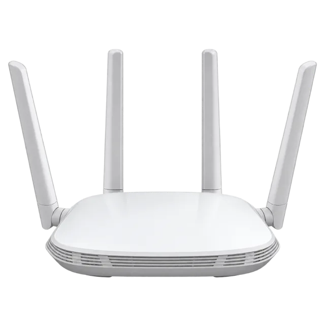 A white router has four upright antennas