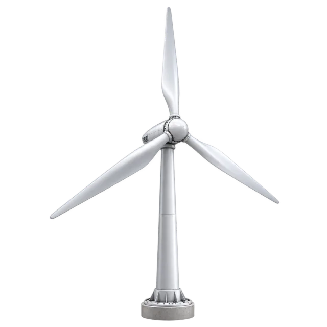 A tall white wind turbine has three blades