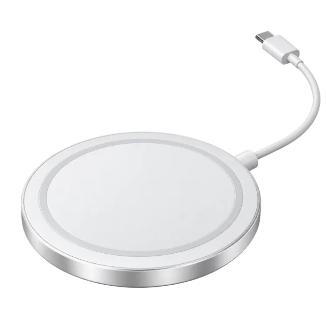 A white circular charging pad has a short cable