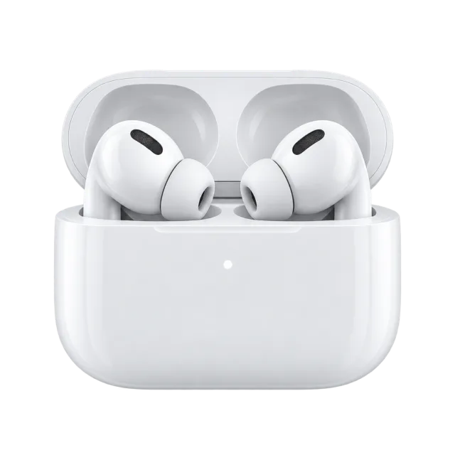 White wireless earbuds sit inside an open charging case