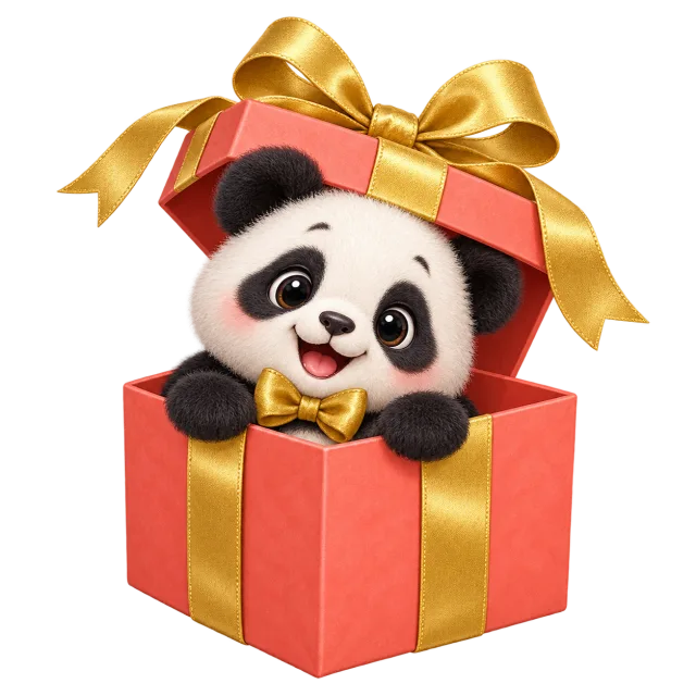 Smiling panda peeking from a red gift box with a gold ribbon and raised lid on a transparent background