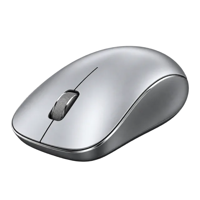 A silver wireless mouse has a black scroll wheel
