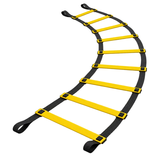 A yellow and black agility ladder curves across the image