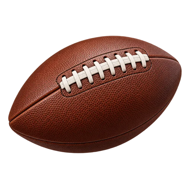A brown American football has white laces
