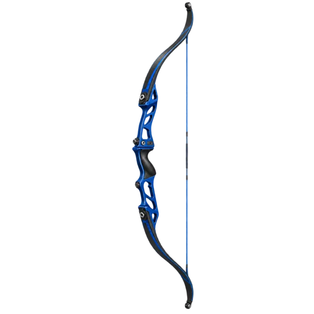 A blue recurve archery bow has a taut string