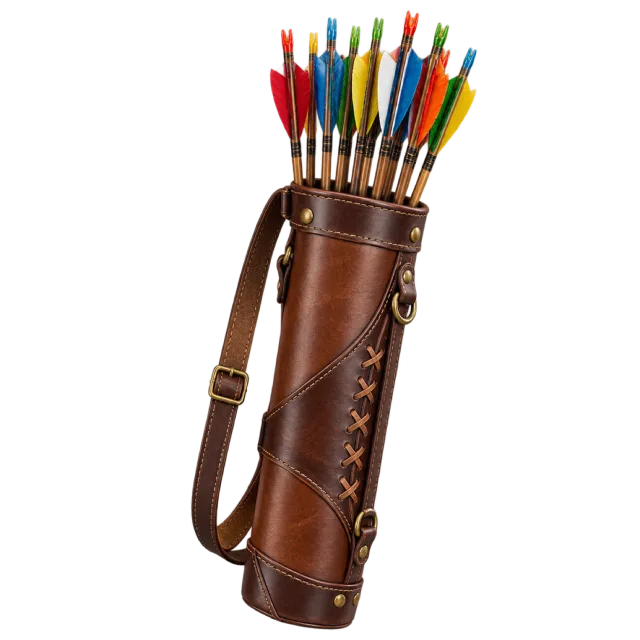 A brown quiver holds arrows with colorful fletching
