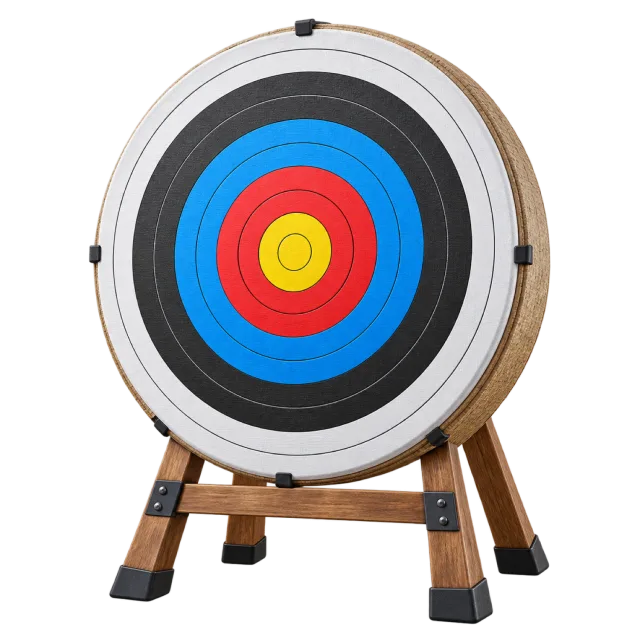 A multicolored circular archery target rests on a wooden stand