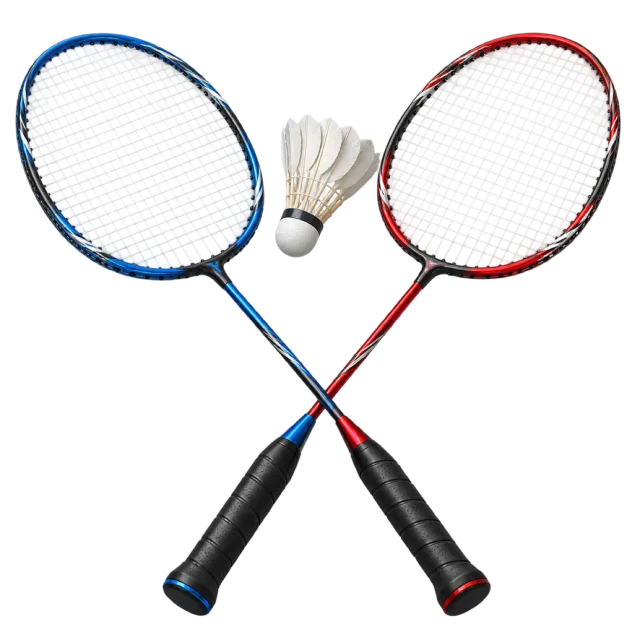 Red and blue badminton rackets cross beneath shuttlecocks
