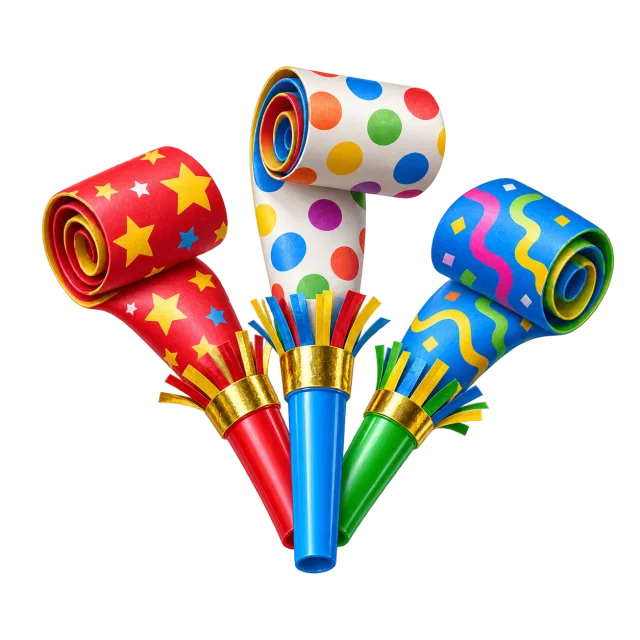 Three colorful party blowers decorated with dots, stars and wavy patterns on a transparent background