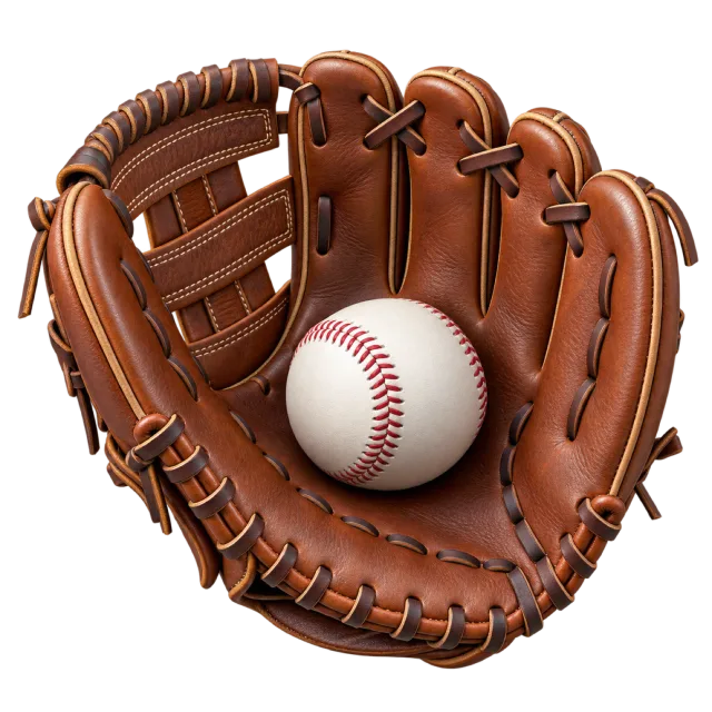 A brown baseball glove holds a white baseball