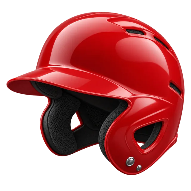 A glossy red batting helmet has black inner padding