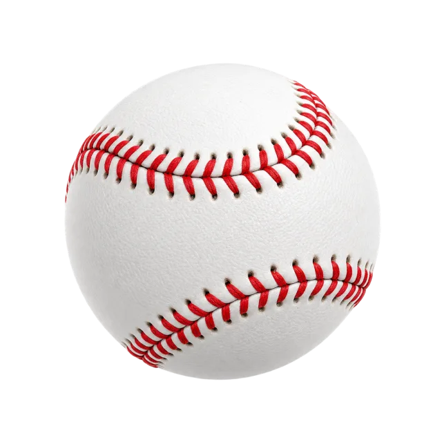 A white baseball has curved red stitching
