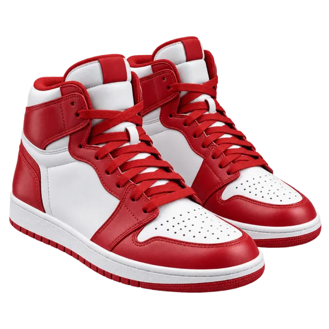 Red and white high-top basketball shoes stand together