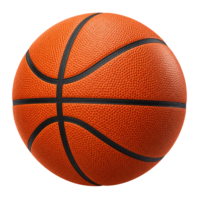 An orange textured basketball has black curved seams
