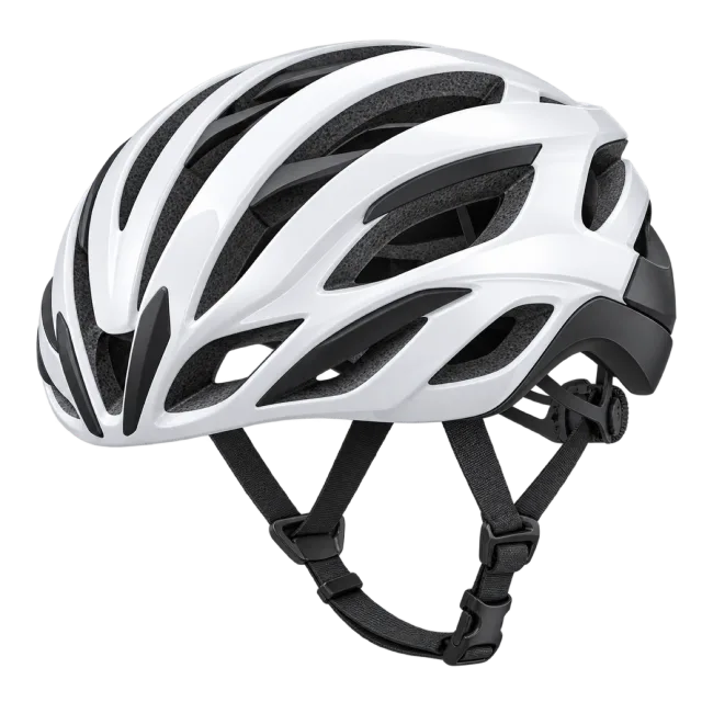 A white and black cycling helmet has ventilation slots