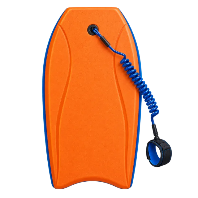 An orange bodyboard has a blue coiled leash