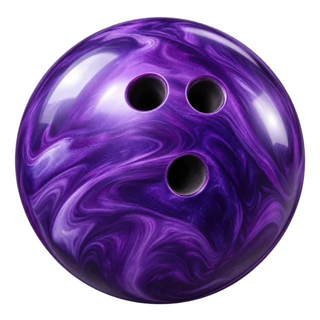 A purple marbled bowling ball has three finger holes