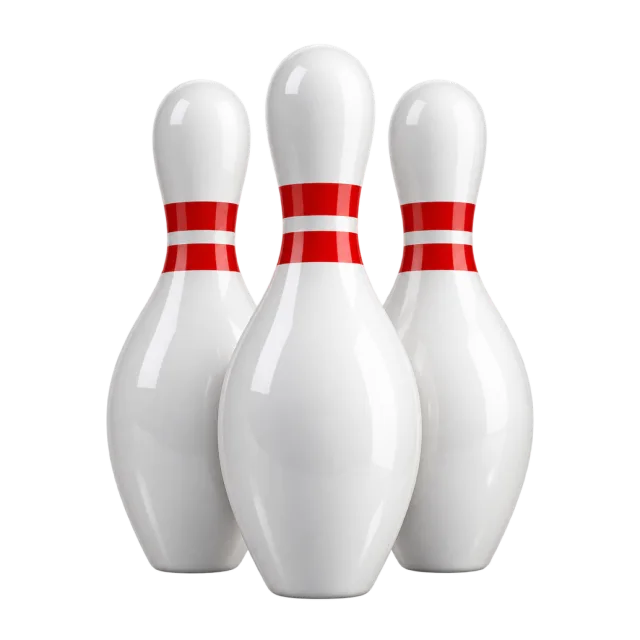White bowling pins have paired red neck bands