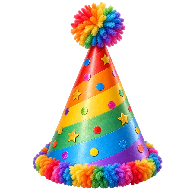 Rainbow striped cone hat with stars, dots and colorful pom-pom trim on a transparent background