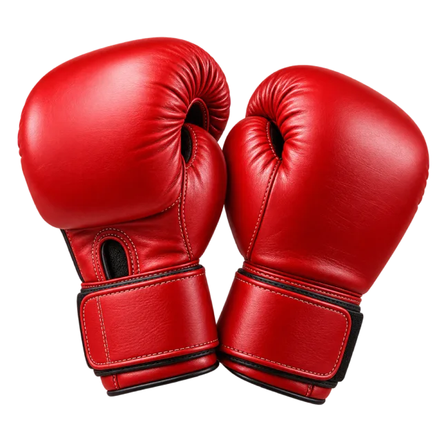 Two red boxing gloves have black wrist straps