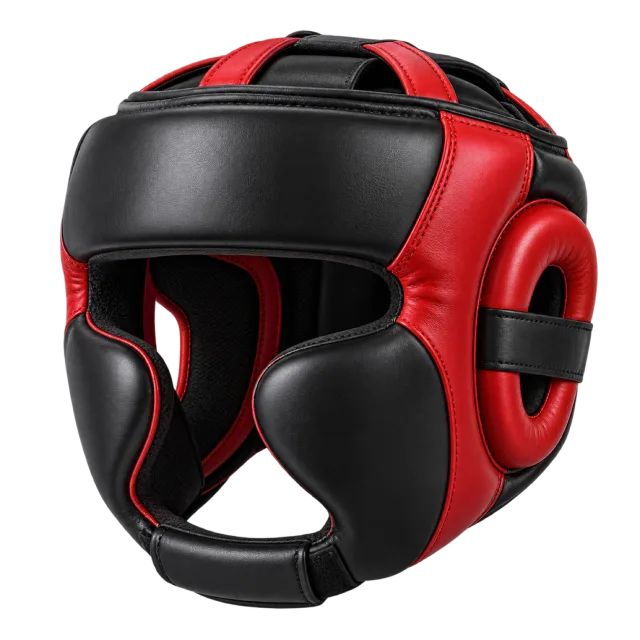 A red and black boxing headguard has padded cheek sections