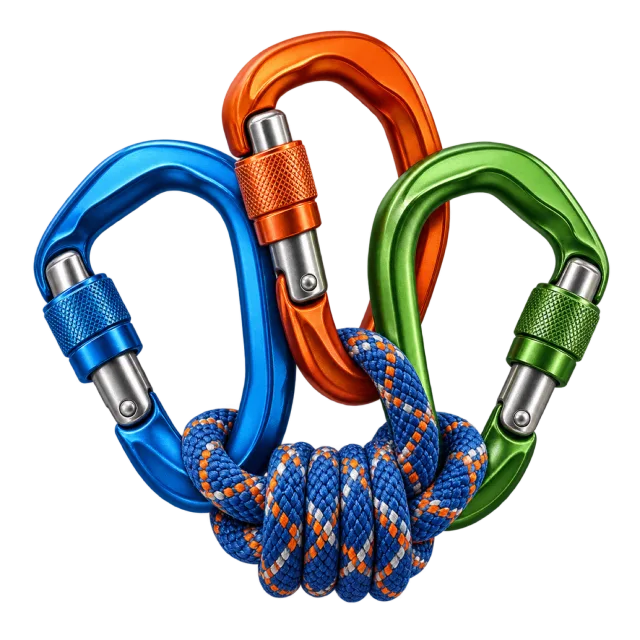 Blue, orange and green carabiners sit with a rope loop