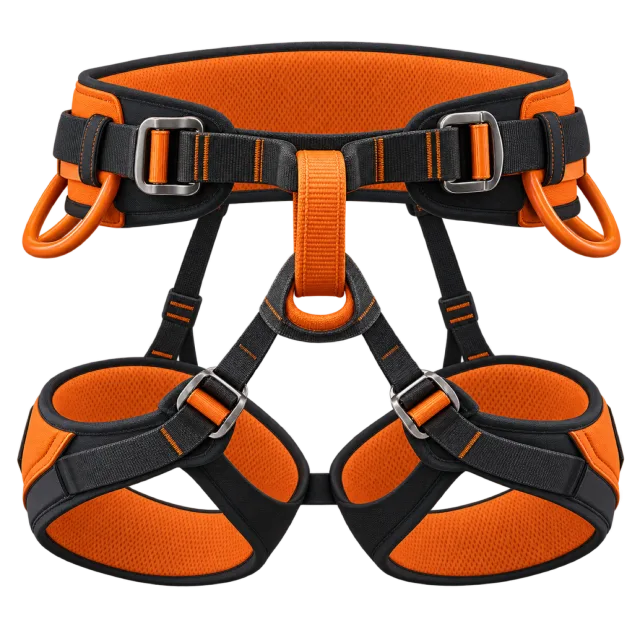 An orange and black climbing harness has multiple straps