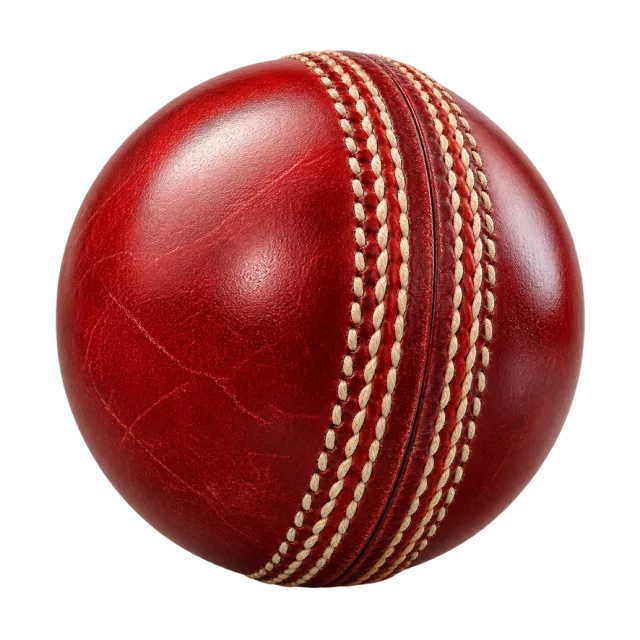 A red cricket ball has raised pale stitching