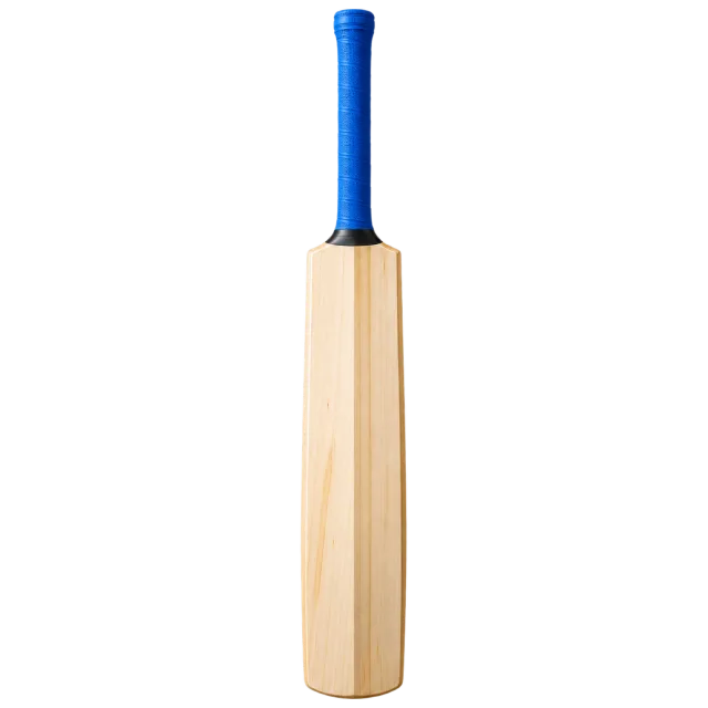 A pale wooden cricket bat has a blue grip