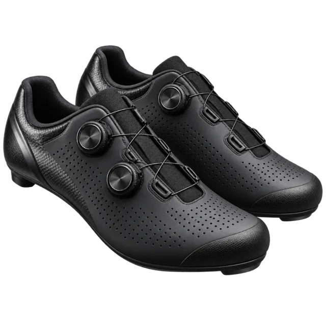 Black cycling shoes have round dial fasteners