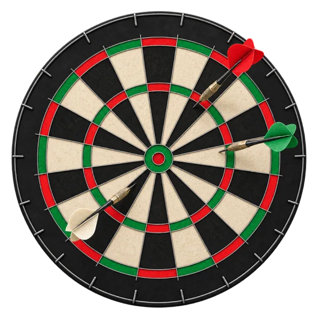 A dartboard has black, cream, green and red segments with darts