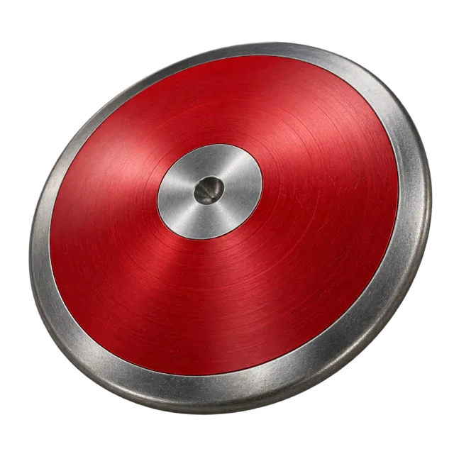 A red throwing discus has a silver-colored rim