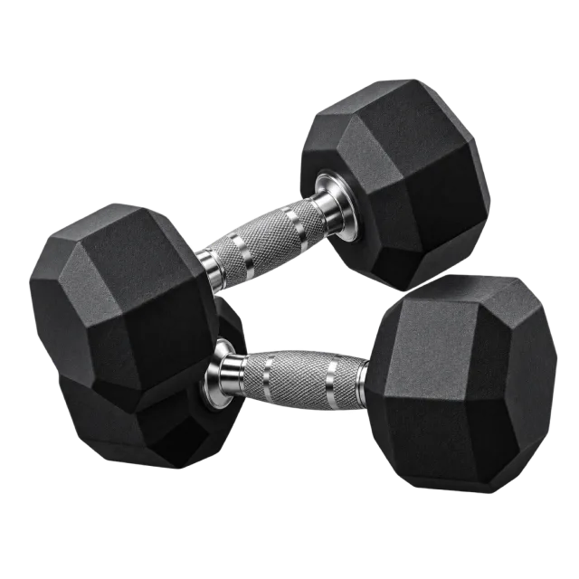 Two black hexagonal dumbbells have metal handles