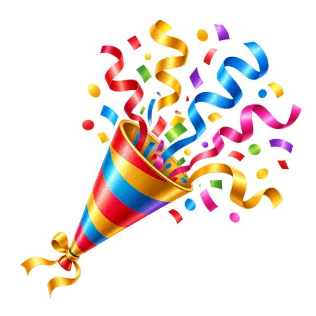 Rainbow party popper releasing curled ribbons, stars and colorful confetti on a transparent background