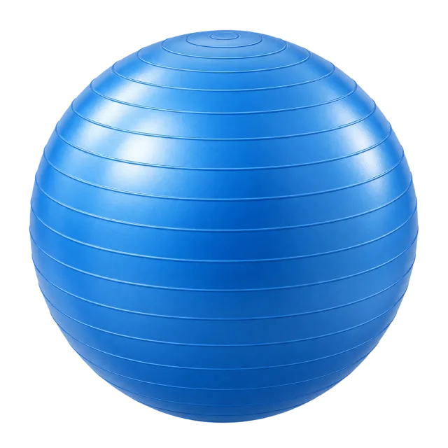 A blue exercise ball has curved surface grooves