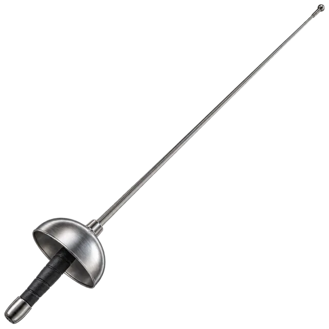 A slim fencing foil has a round hand guard