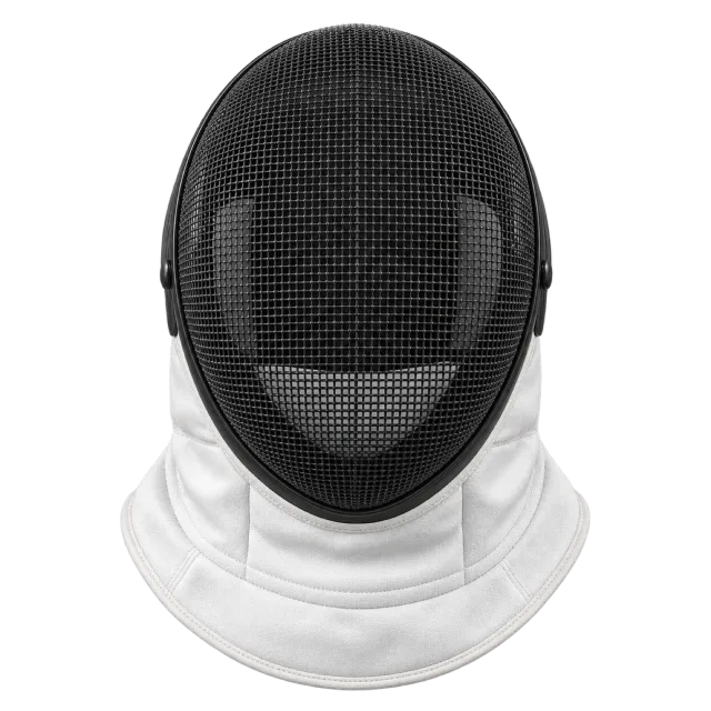 A black mesh fencing mask has a white neck guard