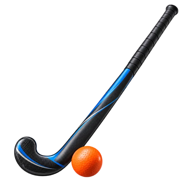 A dark field hockey stick sits beside an orange ball