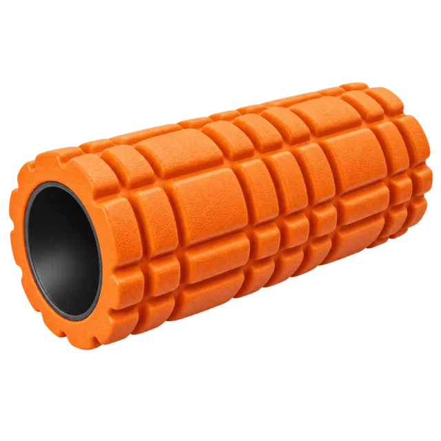 An orange foam roller has a raised grid texture