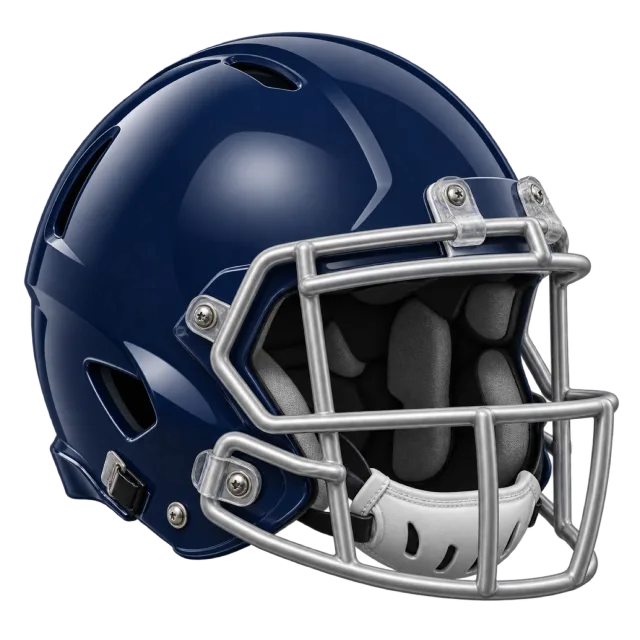 A navy American football helmet has a gray faceguard