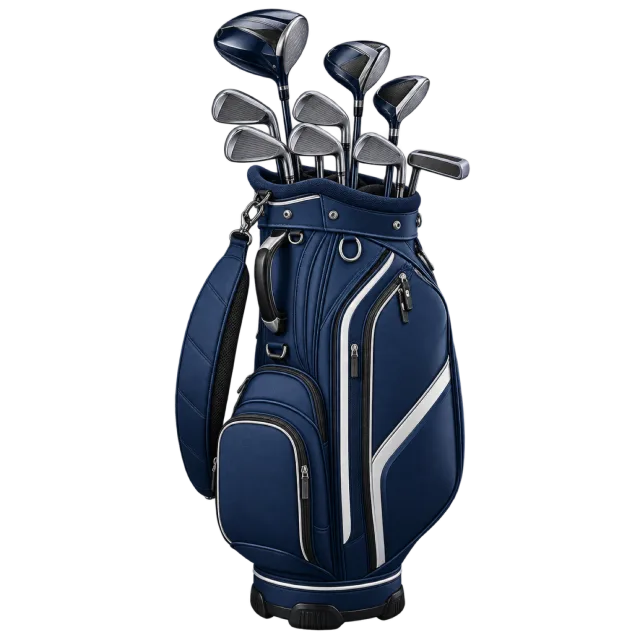 A navy golf bag holds several clubs