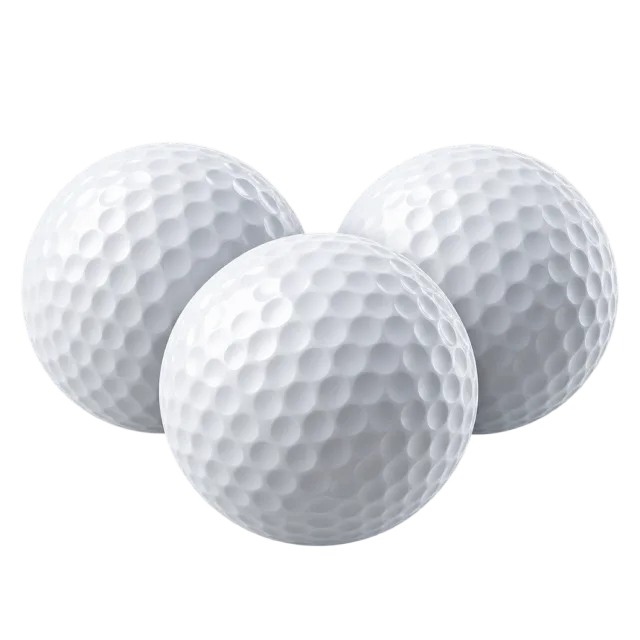 Three white golf balls have dimpled surfaces