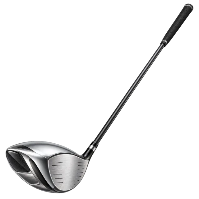 A silver-headed golf club has a long black shaft