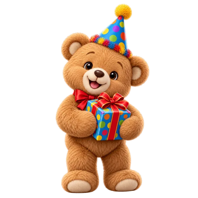 Smiling brown teddy bear wearing a colorful party hat and holding a wrapped present on a transparent background