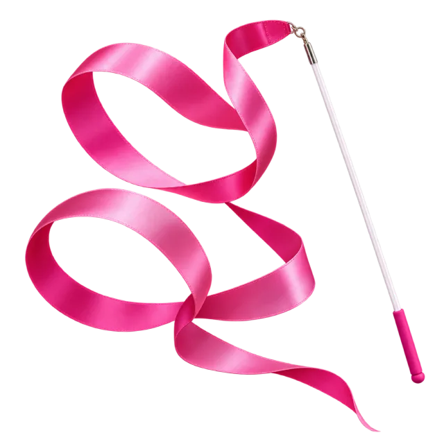 A pink gymnastics ribbon curls beside its wand