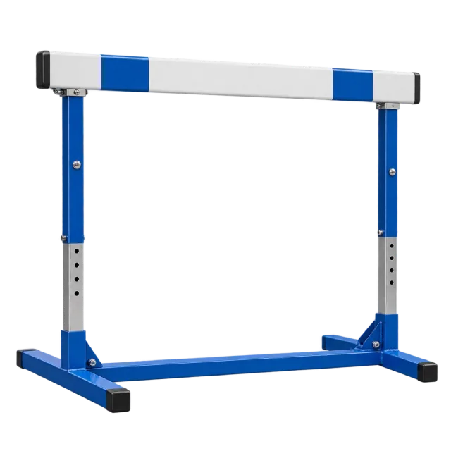 A blue and white athletics hurdle stands upright