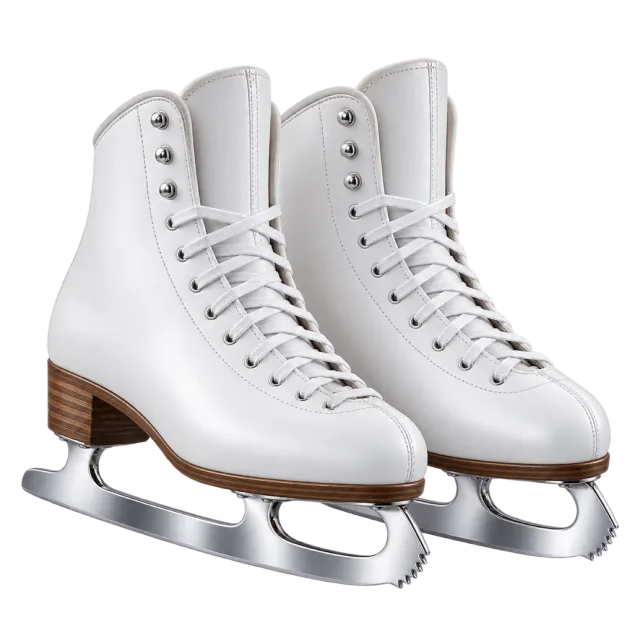 White lace-up figure skates have brown heels